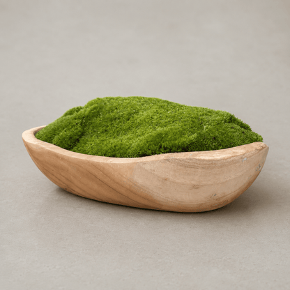 Expertly crafted by Florastyle By Hingham, the Indonesian Teak Large Egg Décor Preserved Ball Moss Bowl (315 x 200 x 110 mm) features a naturally finished wooden bowl filled with vibrant green preserved ball moss and displayed on a light gray surface—perfect for adding serene, organic style to any setting.