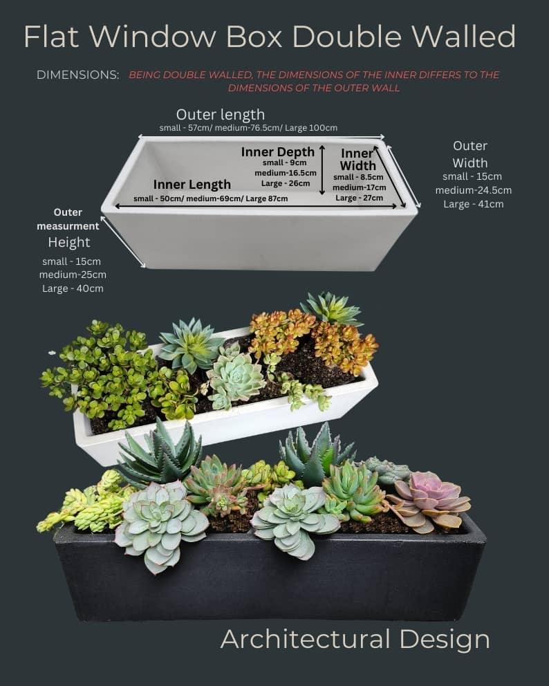 A graphic showcases the Florastyle By Hingham Flat Japi Window Box - Double Walled, filled with succulents, with clear measurements and labeled sizes (small, medium, large) on a dark background.