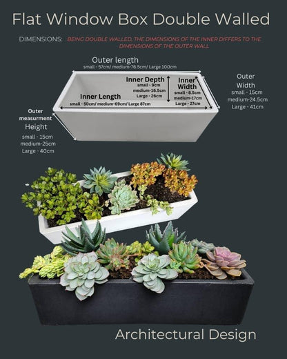 A graphic showcases the Florastyle By Hingham Flat Japi Window Box - Double Walled, filled with succulents, with clear measurements and labeled sizes (small, medium, large) on a dark background.