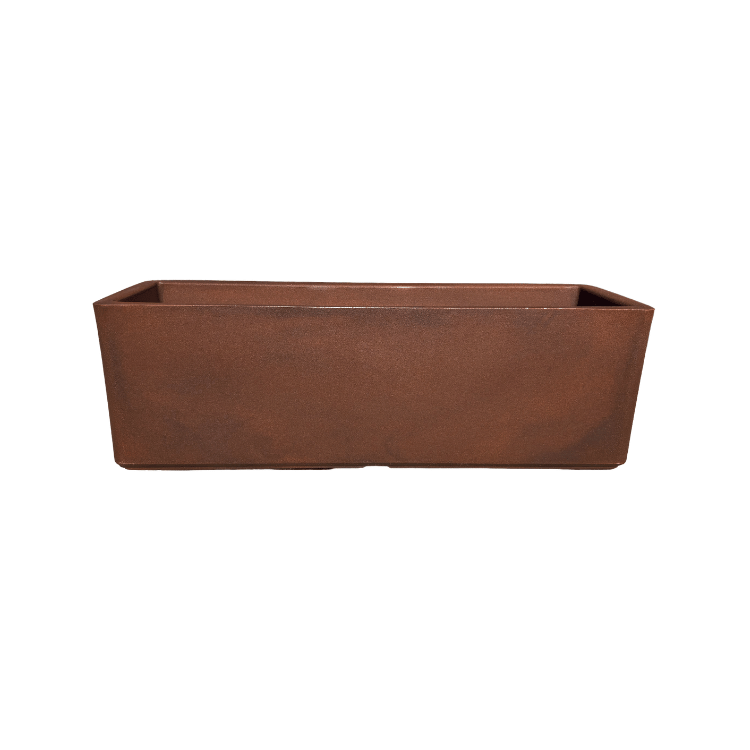 The Flat Japi Window Box - Double Walled by Florastyle By Hingham features a rectangular brown design with slightly flared sides—ideal as a minimalist planter for modern spaces. Shown on a white background.