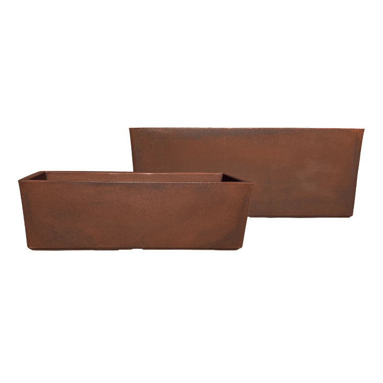 Two Flat Japi Window Box - Double Walled planters by Florastyle By Hingham, in a rust color, are placed side by side on a white background, with one slightly in front of the other.