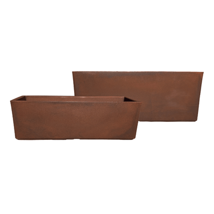 Two Flat Japi Window Box - Double Walled planters by Florastyle By Hingham, in a rust color, are placed side by side on a white background, with one slightly in front of the other.