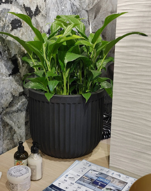 Flute round Japi planter, small in lead (black). A stylish, modern plant pot with a beautiful fluted finish