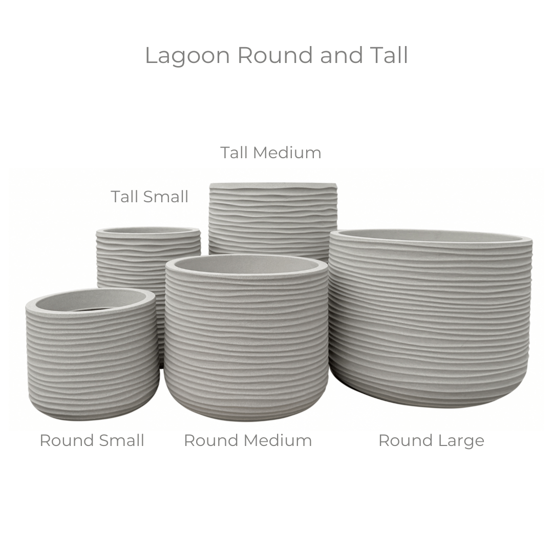 Five round, light gray Florastyle By Hingham Lagoon Tall Japi Planters of varying sizes with a horizontal ribbed texture are grouped together on a white background. Crafted from lightweight polyresin, these modern planters offer both durability and contemporary style.