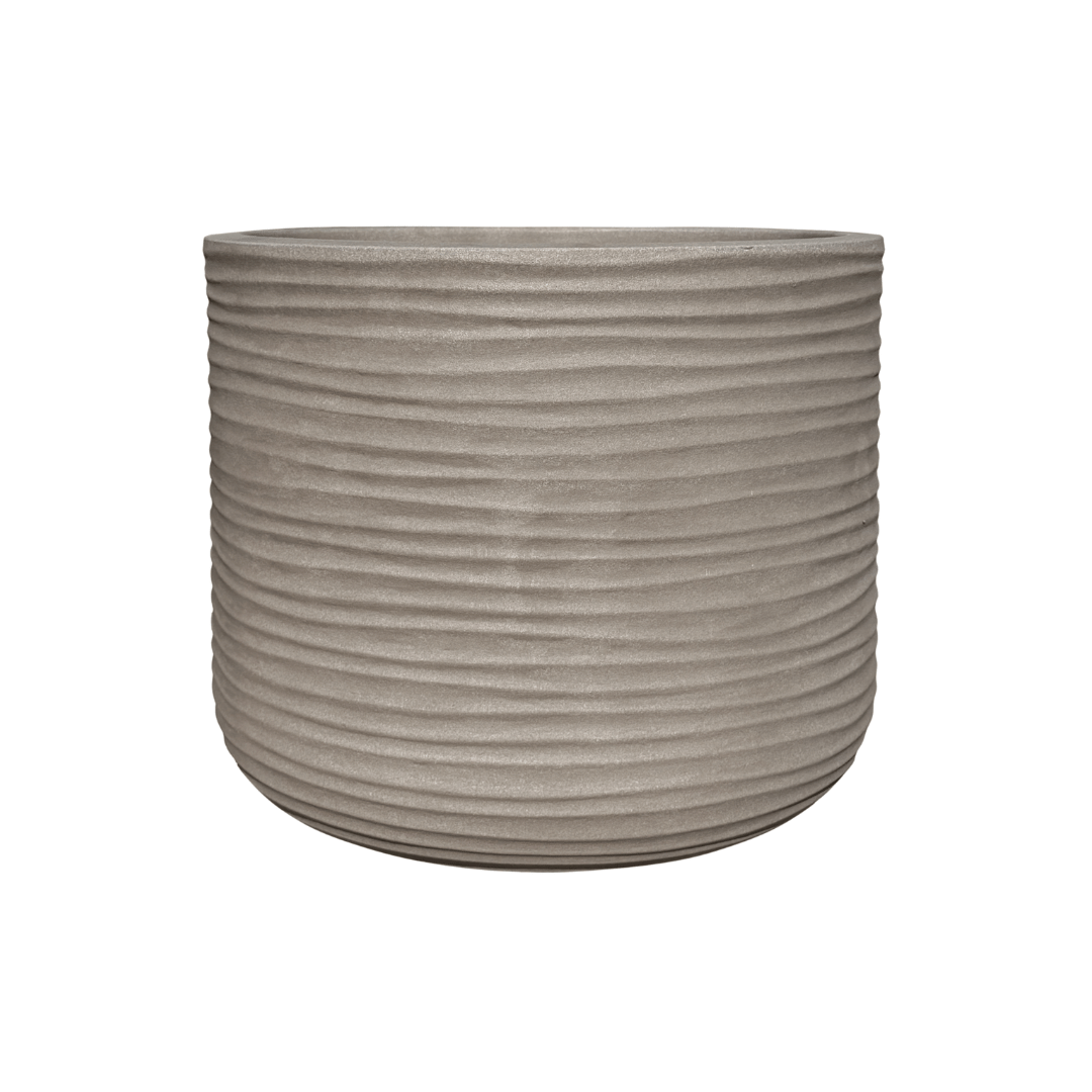 A round, gray Lagoon Round Japi Planter by Florastyle By Hingham features a modern horizontal ribbed texture and is crafted from durable polyresin, shown here on a white background.