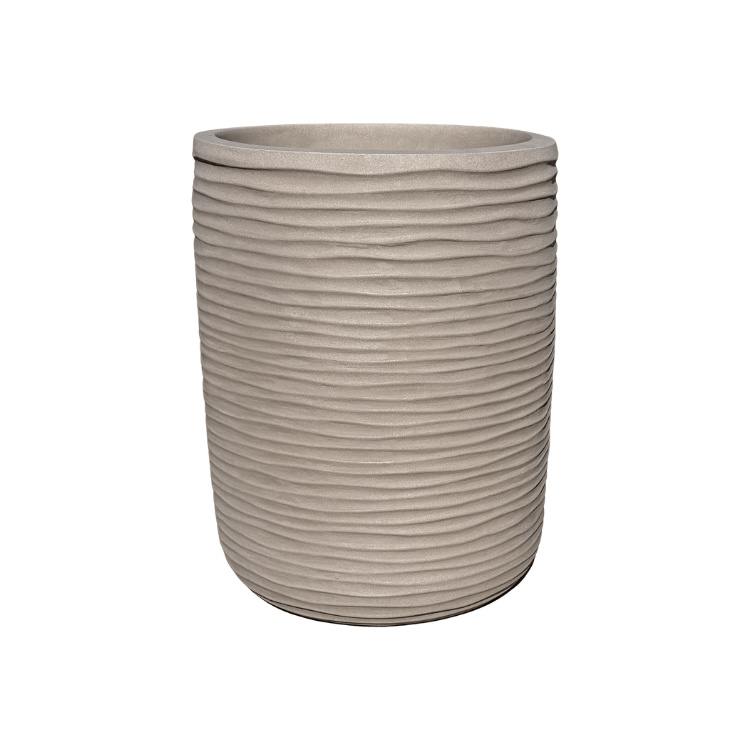 The Florastyle By Hingham Lagoon Tall Japi Planter is a large, round, beige modern planter with a ribbed horizontal texture. Made from lightweight polyresin, it is shown empty against a plain white background.