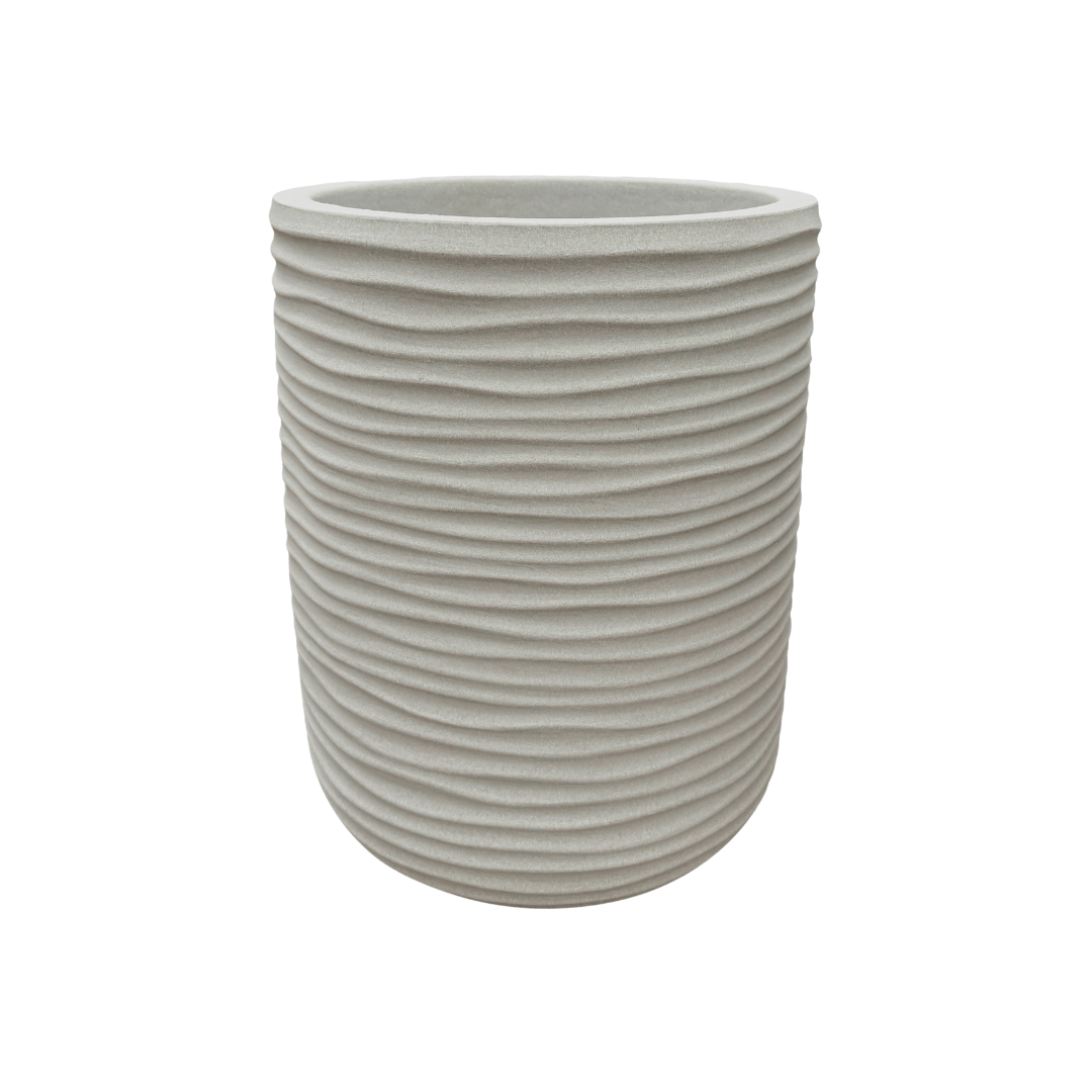 Showcasing the sleek, modern aesthetics of the Florastyle By Hingham Lagoon Tall Japi Planter, this round planter features a light gray finish and a distinctive horizontal ribbed texture. Crafted from lightweight polyresin for exceptional durability, it embodies contemporary elegance and is beautifully set against a white background.