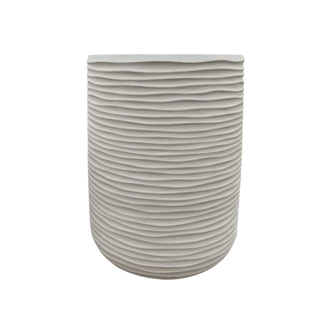 A light gray, cylindrical Lagoon Tall Japi Planter from Florastyle By Hingham features a horizontal, wavy textured pattern around its surface. Crafted from lightweight polyresin, this modern planter is showcased against a plain white background.