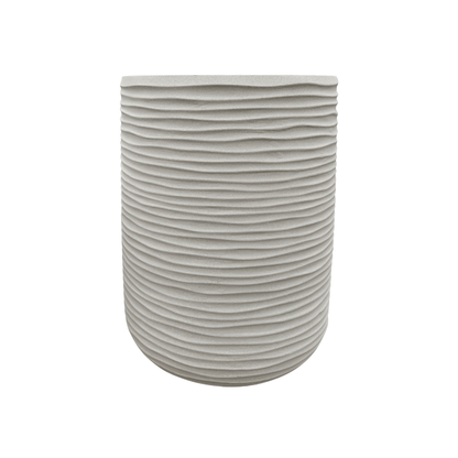 A light gray, cylindrical Lagoon Tall Japi Planter from Florastyle By Hingham features a horizontal, wavy textured pattern around its surface. Crafted from lightweight polyresin, this modern planter is showcased against a plain white background.