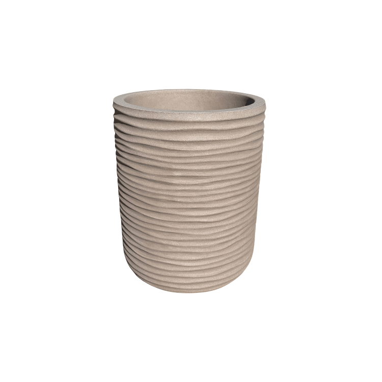 The Lagoon Tall Japi Planter by Florastyle By Hingham is a beige, cylindrical polyresin planter featuring a textured, horizontal ribbed pattern, displayed against a white background.