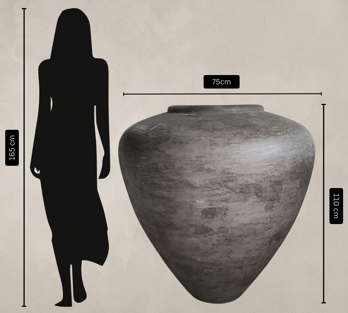 The Mykonos Organic Fiberglass Pot - Earth Range by Florastyle By Hingham (75cm wide, 110cm tall) is pictured beside a 165cm-tall person for scale; despite its impressive size, this pot is surprisingly lightweight.
