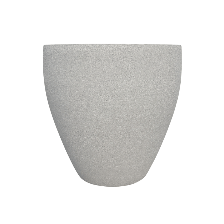 The Florastyle By Hingham Rustic Ellipse Japi Planter is a large, lightweight, light gray pot with a smooth, subtly textured, rounded and tapered shape—ideal for modern plant lovers seeking contemporary style.