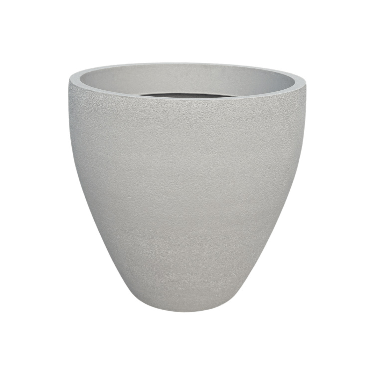 The Florastyle By Hingham Rustic Ellipse Japi Planter is a large, light gray, textured round pot with a wide opening and tapered base—ideal for those seeking stylish, extra-large lightweight planters. Shown on a plain white background.