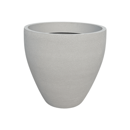 The Florastyle By Hingham Rustic Ellipse Japi Planter is a large, light gray, textured round pot with a wide opening and tapered base—ideal for those seeking stylish, extra-large lightweight planters. Shown on a plain white background.