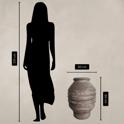 A 170 cm tall woman stands beside the Florastyle By Hingham Sparta Organic Fiberglass Pot - Earth Range (60 cm tall, 30 cm wide), light weight and round with ridged texture, shown on a plain background with measurements indicated.