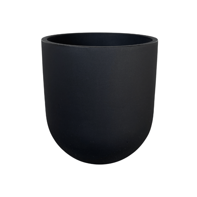 The Traditional Cask Japi Planter by Florastyle By Hingham is a lightweight, matte black polyresin planter with a cylindrical shape and rounded bottom, shown here against a white background.