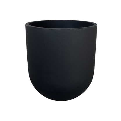 The Traditional Cask Japi Planter by Florastyle By Hingham is a lightweight, matte black polyresin planter with a cylindrical shape and rounded bottom, shown here against a white background.