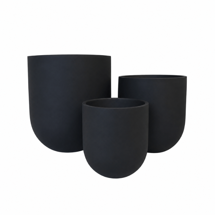 Three matte black Traditional Cask Japi Planters by Florastyle By Hingham, made of lightweight polyresin with a smooth finish and rounded bottoms, are grouped together in varying heights and sizes on a white background.
