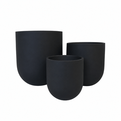 Three matte black Traditional Cask Japi Planters by Florastyle By Hingham, made of lightweight polyresin with a smooth finish and rounded bottoms, are grouped together in varying heights and sizes on a white background.