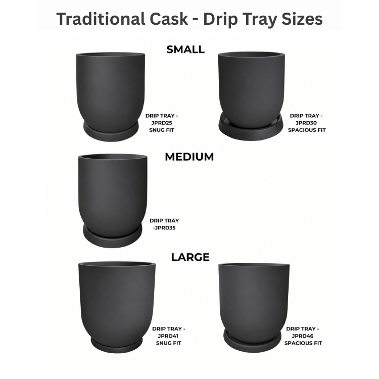 Five black, cylindrical Traditional Cask Japi Planters by Florastyle By Hingham, each with a drip tray, are shown in small, medium, and large sizes—perfect for indoor or outdoor use and clearly labeled with product codes.