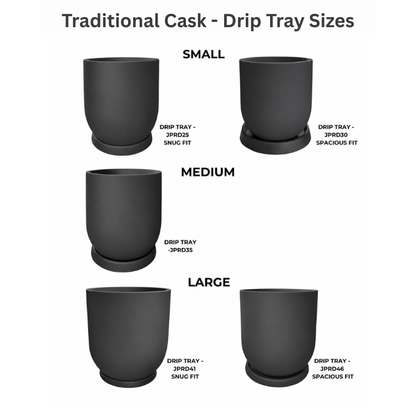 Five black, cylindrical Traditional Cask Japi Planters by Florastyle By Hingham, each with a drip tray, are shown in small, medium, and large sizes—perfect for indoor or outdoor use and clearly labeled with product codes.