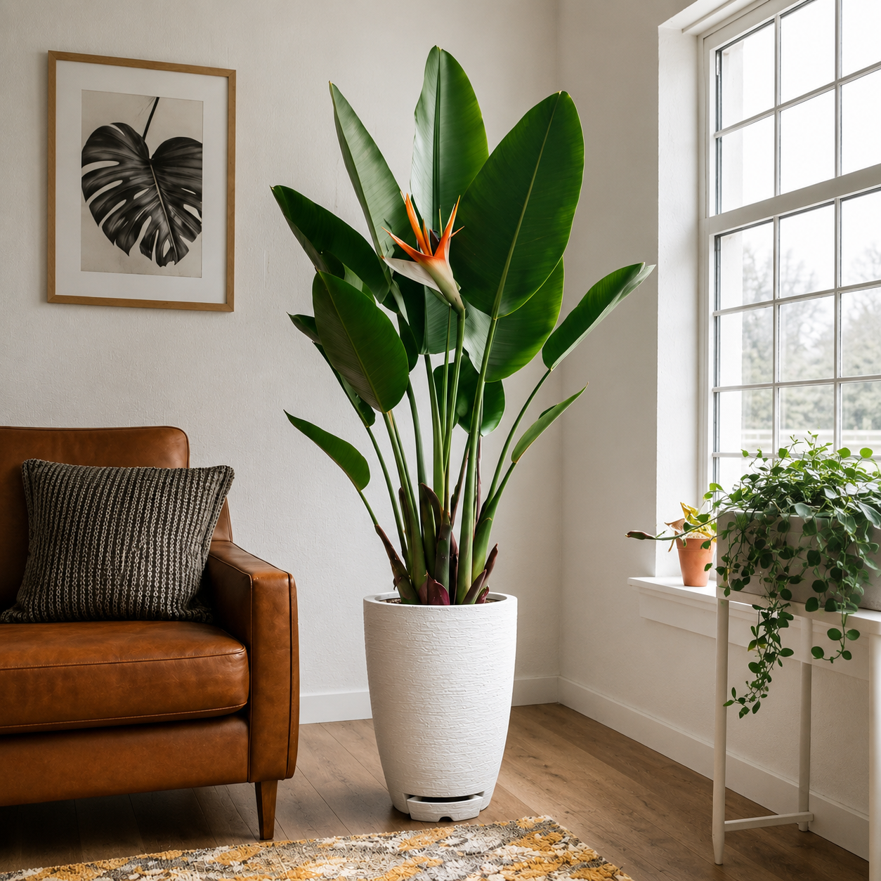 A large bird of paradise in the All-In-One Modern Conic Japi Planter by Florastyle By Hingham stands beside a brown leather sofa with a cushion, near a window and small plant stand, in a bright living room with white walls and wooden floor.