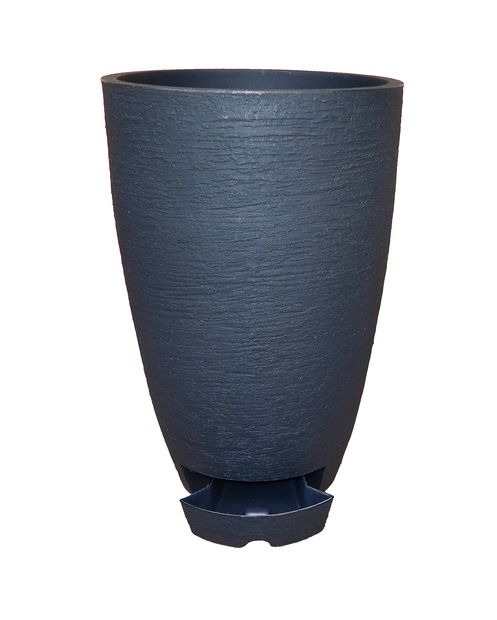 Modern upright plant pot. Ideal for use indoors. Built in removable drip tray. Ideal for the modern apartment. Suitable for indoors and outdoors. Lightweight Polycarbon construction.