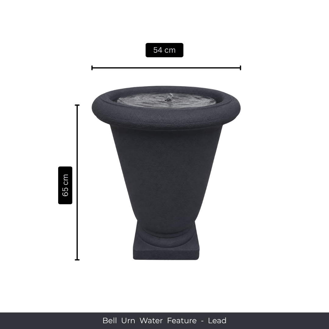 A 65 cm tall, 54 cm wide dark grey Water Feature - Bell Urn Large by Florastyle By Hingham, with water gently rippling on top. The urn sits on a small square base. Text below: Bell Urn Water Feature - Lead. Made from polyresin, durable and waterproof, yet lightweight. Suitable for indoor and outdoor.
Colour: Lead
Price: R3850