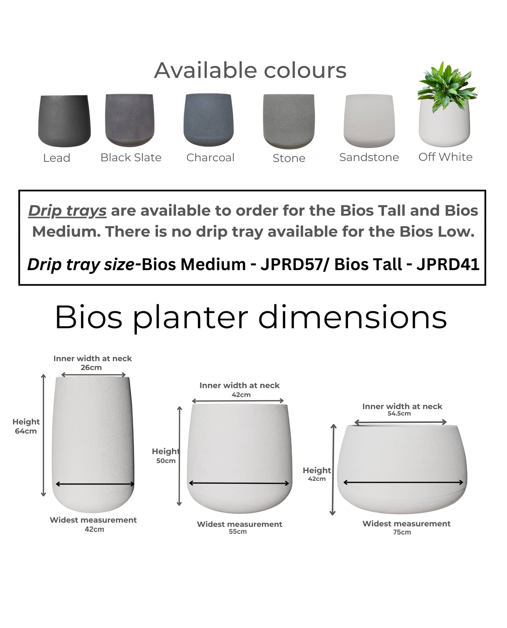 Dimensions of the tall, medium and low Bios planters. Drip trays available to purchase separately at Florastyle by Hingham.