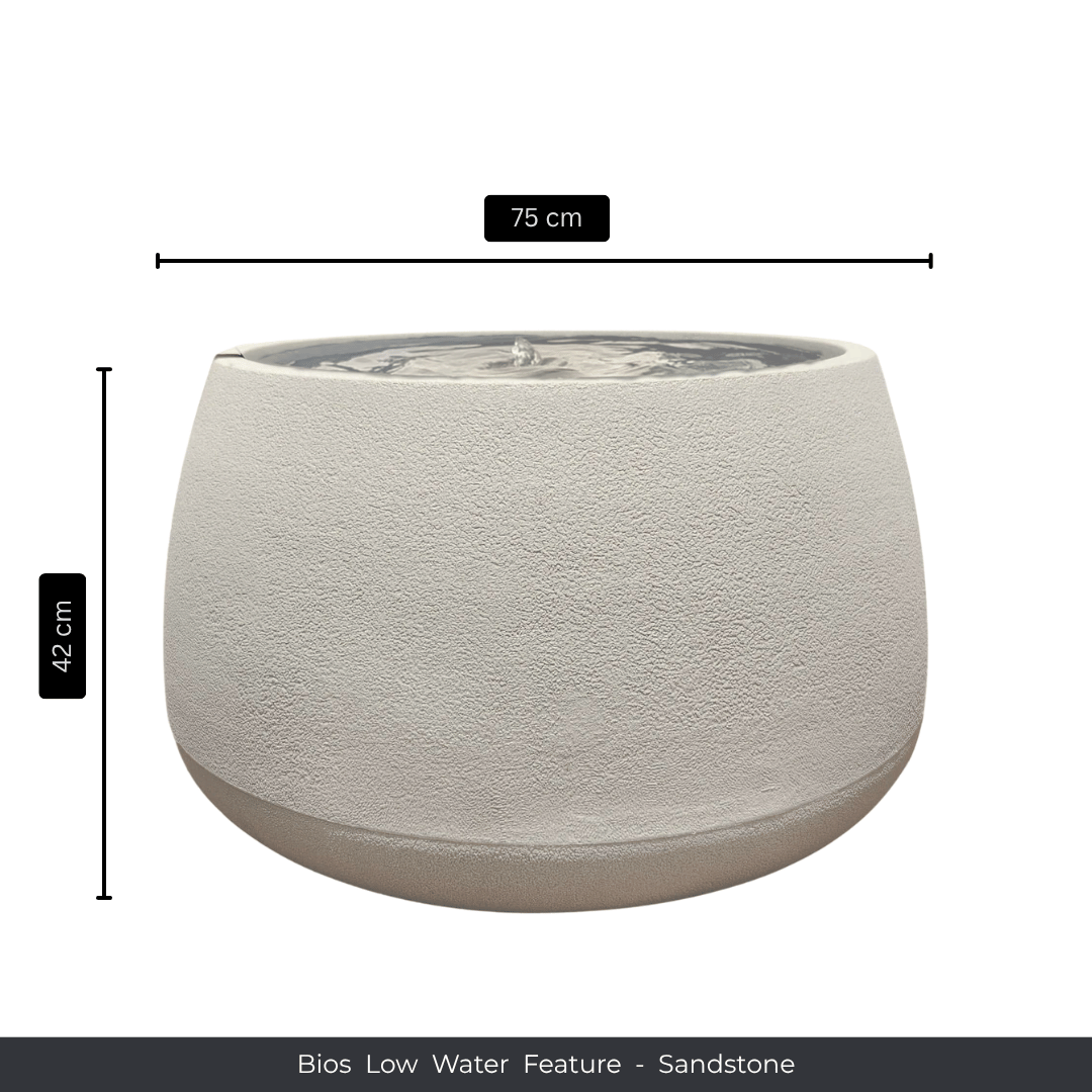 A round, sandstone-toned indoor water feature with a textured finish, 75 cm wide and 42 cm tall, holds water and a central fountain. Text below reads: “Florastyle By Hingham Water Feature - Bios Low”. Made from polyresin, durable and waterproof, yet lightweight. Suitable for indoor and outdoor spaces.
Colour: Sandstone
Price: R5195