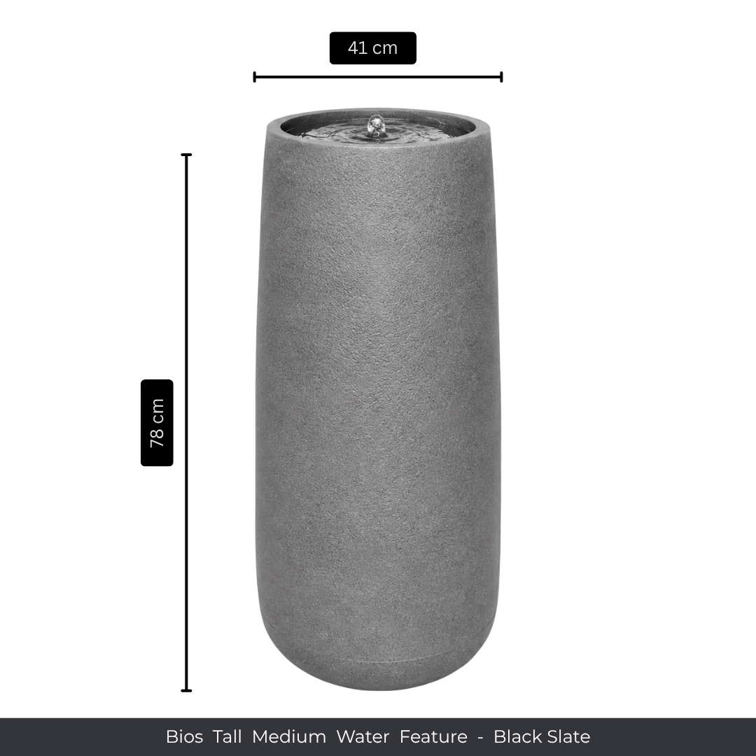 Modern garden accent: the Florastyle By Hingham Water Feature - Bios Tall Medium in black slate stands 78 cm high and 41 cm wide, with water bubbling at the top from its tall, cylindrical design. Made from polyresin, durable and waterproof, yet lightweight. Suitable for indoor and outdoor spaces.
Colour: Black Slate
Price: R4675