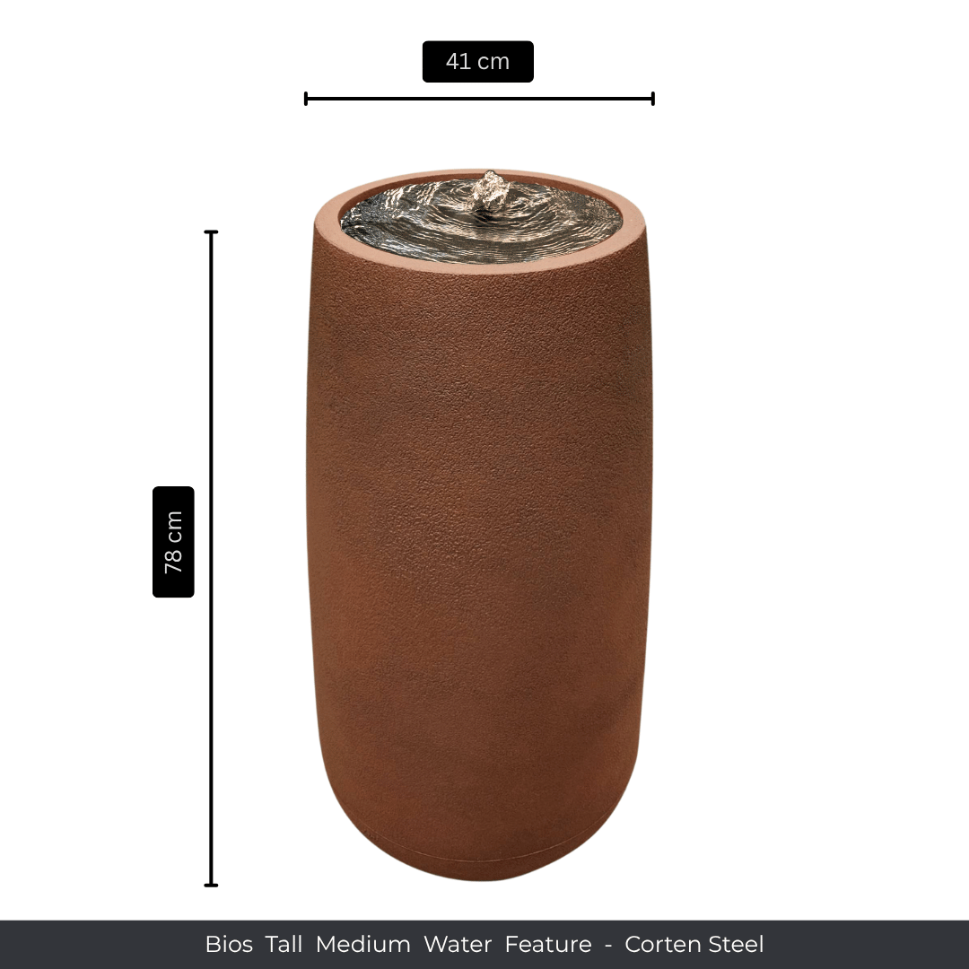 The Florastyle By Hingham Water Feature - Bios Tall Medium is a tall, cylindrical corten steel piece (78 cm high x 41 cm wide) with a bubbling top and rust-textured finish—perfect for modern garden décor. Made from polyresin, durable and waterproof, yet lightweight. Suitable for indoor and outdoor spaces.
Colour: Corten Steel
Price: R4675