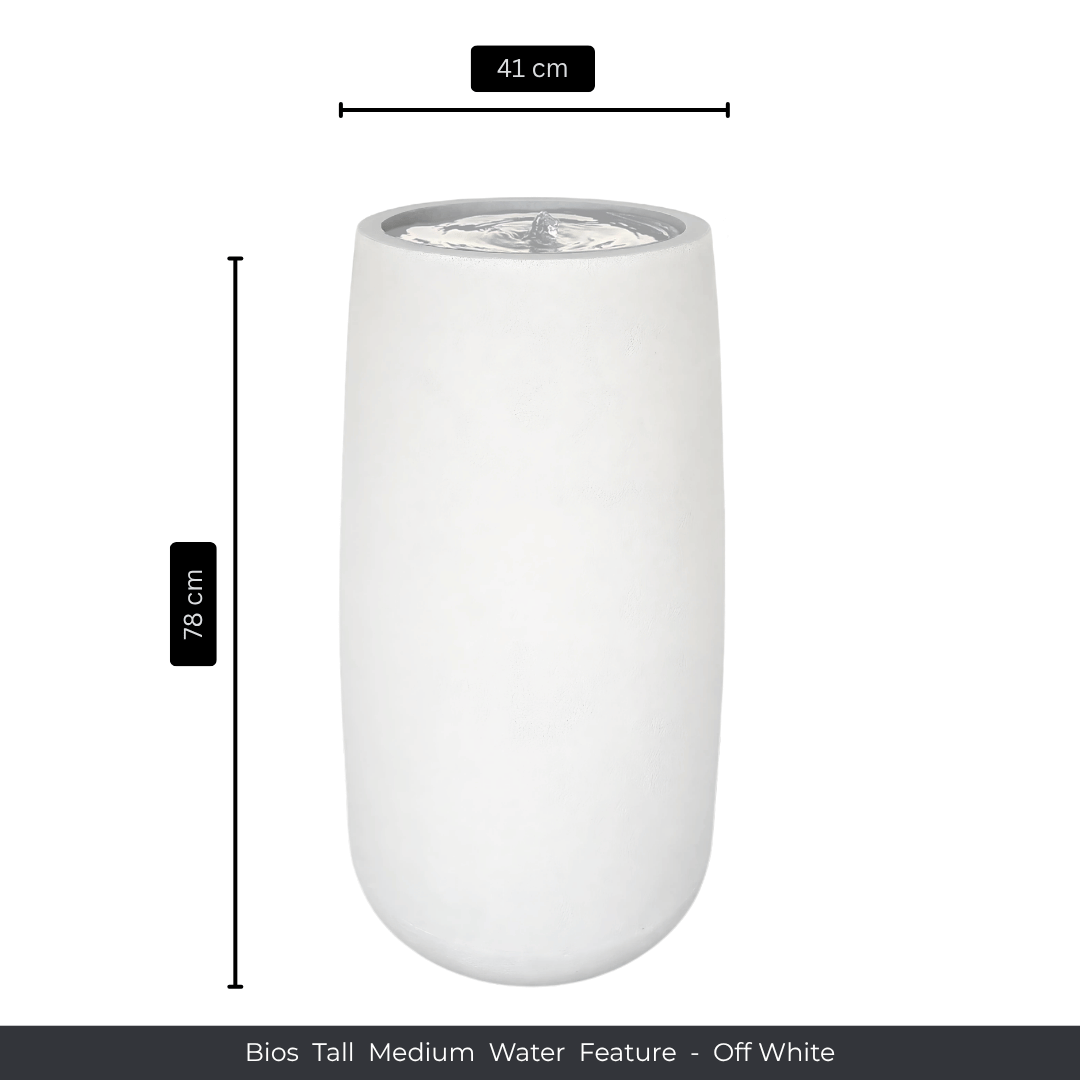 Tall, off-white cylindrical water feature, 78 cm high and 41 cm wide. Ideal for garden decor, it features the text: Water Feature - Bios Tall Medium by Florastyle By Hingham. Made from polyresin, durable and waterproof, yet lightweight. Suitable for indoor and outdoor spaces.
Colour: Off White
Price: R4675