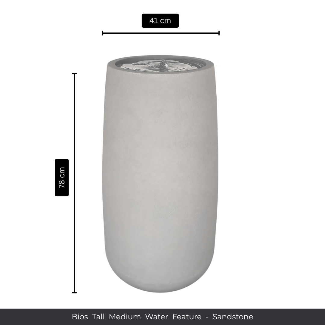 A tall, cylindrical sandstone water feature from Florastyle By Hingham with a smooth finish—ideal as striking garden decor. Measures 78 cm high x 41 cm diameter. Text below: Water Feature - Bios Tall Medium. Made from polyresin, durable and waterproof, yet lightweight. Suitable for indoor and outdoor spaces.
Colour Sandstone
Price: R4675