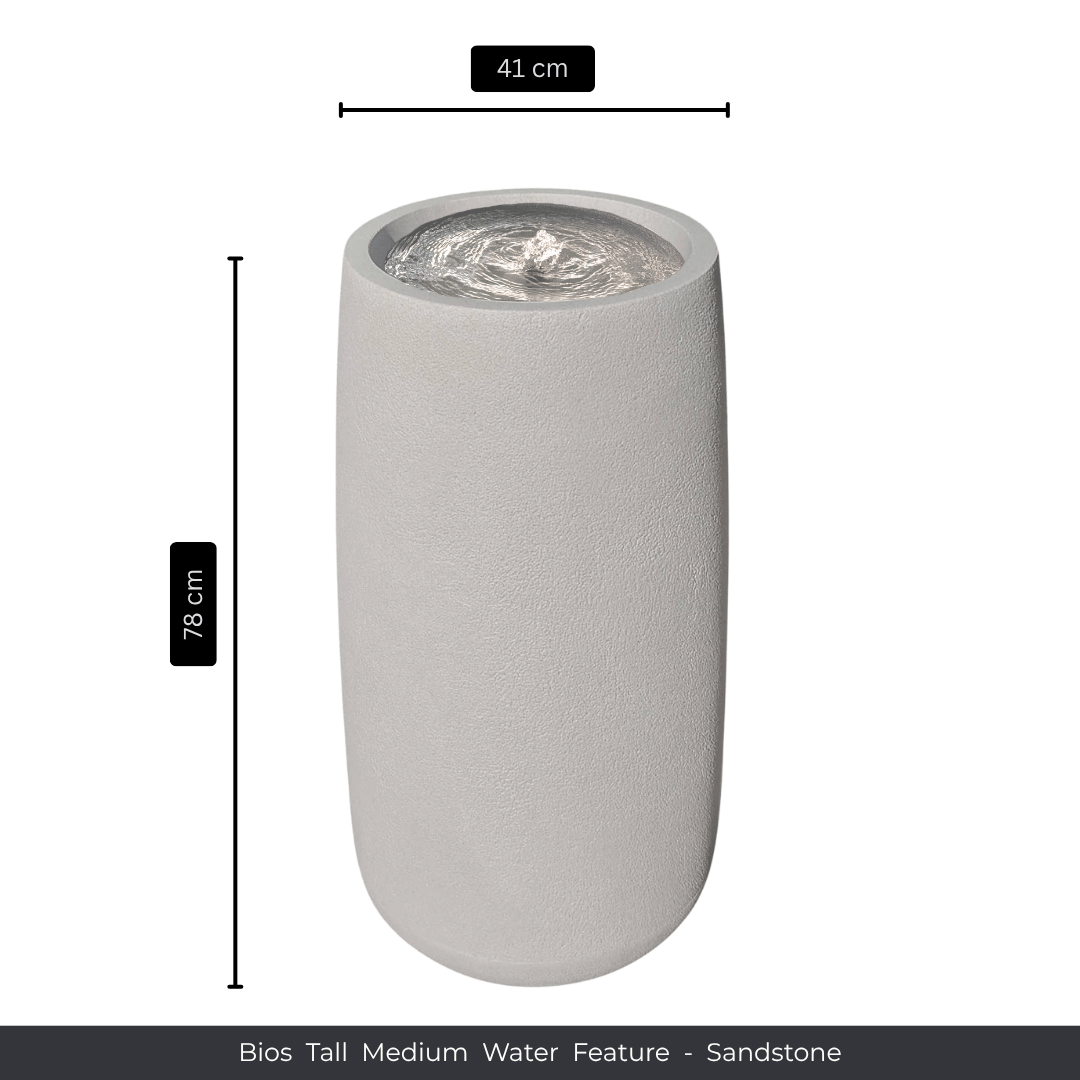The Florastyle By Hingham Water Feature - Bios Tall Medium is a tall, cylindrical sandstone piece (78cm high x 41cm wide) that adds a stylish touch to any garden. Water gently ripples at the top, as seen with labeled measurement lines in the image. Made from polyresin, durable and waterproof, yet lightweight. Suitable for indoor and outdoor spaces.
Colour: Sandstone
Price: R4675