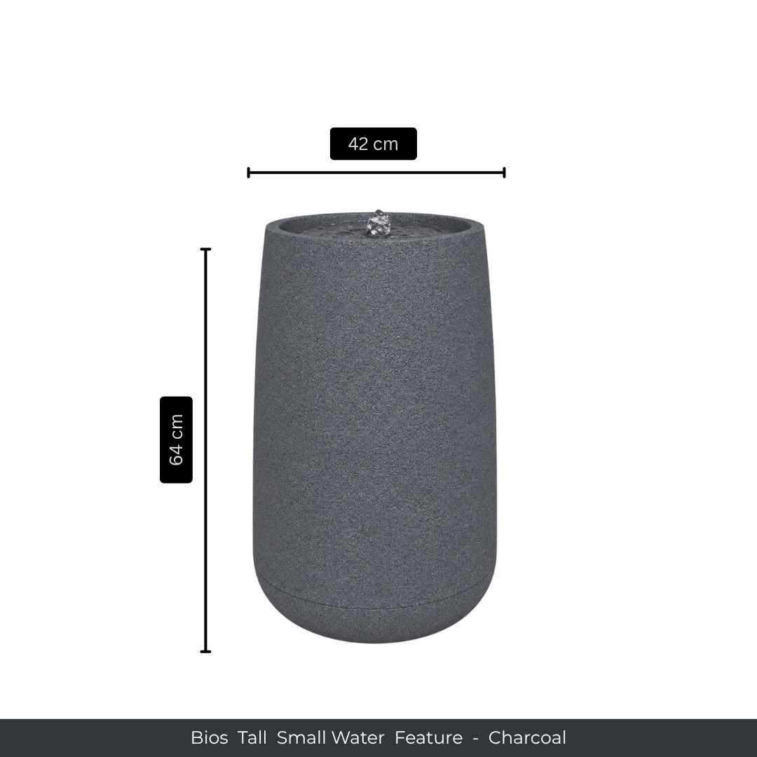 The Florastyle By Hingham Water Feature - Bios Tall Small is a 64 cm tall, 42 cm diameter cylindrical charcoal fountain, perfect as an indoor water feature or a stylish accent for tall planters. Made from polyresin, durable and waterproof, yet lightweight. Suitable for indoor and outdoor spaces.
Colour: Charcoal
Price: R4045
