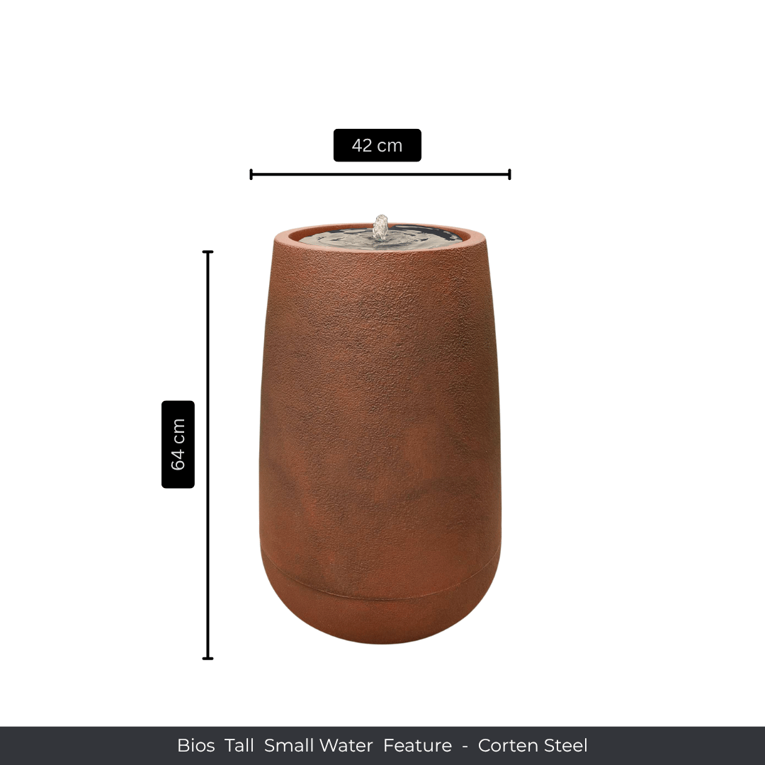 The Water Feature - Bios Tall Small by Florastyle By Hingham is a 64 cm high, 42 cm diameter corten steel feature with a rust-textured finish, shaped like a tall planter and gently bubbling water from the top. Made from polyresin, durable and waterproof, yet lightweight. Suitable for indoor and outdoor spaces.
Colour: Corten Steel
Price: R4045