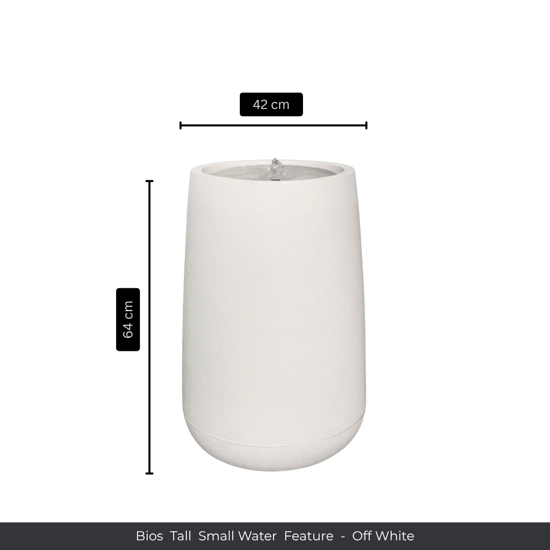 A tall, off-white cylindrical indoor water fountain from Florastyle By Hingham. Standing 64 cm high and 42 cm in diameter, the Water Feature - Bios Tall Small adds elegance to any space. Made from polyresin, durable and waterproof, yet lightweight. Suitable for indoor and outdoor spaces.
Colour: Off White
Price: R4045