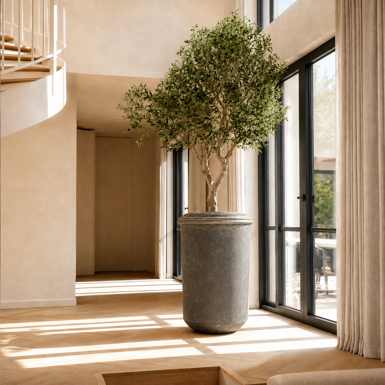 A large potted tree in the Damascus Organic Fiberglass Pot - Earth Range by Florastyle By Hingham stands by glass doors in a bright, modern room with beige walls, wooden floors, and soft natural light streaming in.