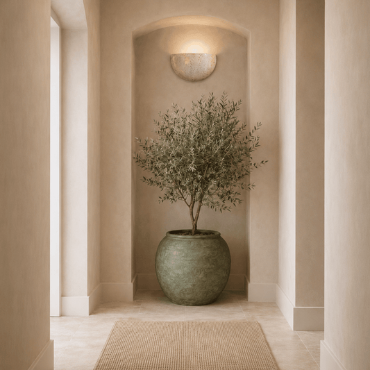 A potted olive tree in a Florastyle By Hingham Delphi Organic Fiberglass Pot - Earth Range sits in an alcove of a beige hallway, softly lit by a wall sconce above. The floor is tiled with a woven rug placed before the plant.