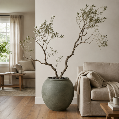 A large potted olive tree in the Delphi Organic Fiberglass Pot - Earth Range by Florastyle By Hingham stands beside a beige sofa in a cozy, sunlit living room with neutral decor and wooden flooring.