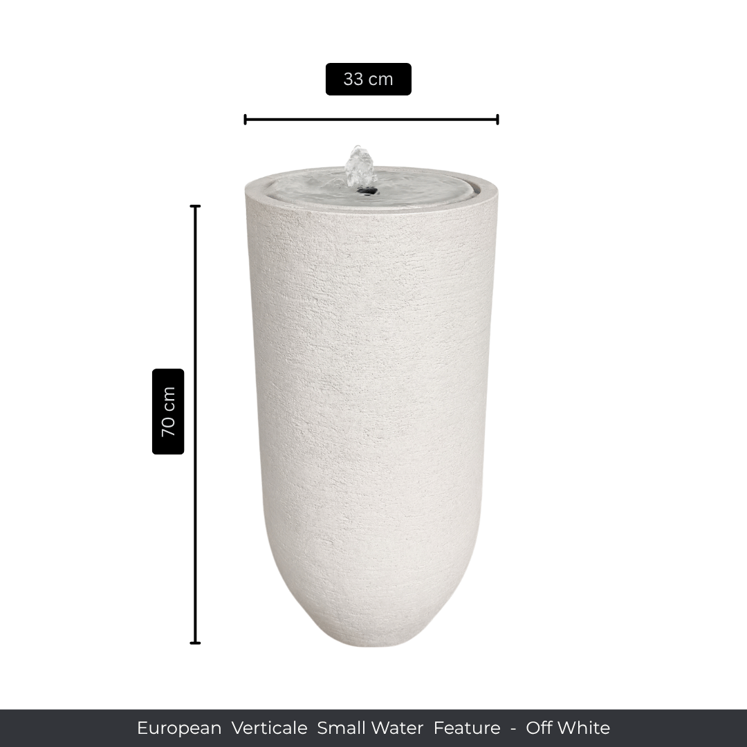 Tall off-white cylindrical water fountain by Florastyle By Hingham, 70 cm high and 33 cm wide, with a small top fountain. "Water Feature - European Verticale Small" text at the base. Perfect for indoor or outdoor use. Made from polyresin, durable and waterproof, yet lightweight. Suitable for indoor and outdoor spaces.
Colour: Off White
Price: R3465