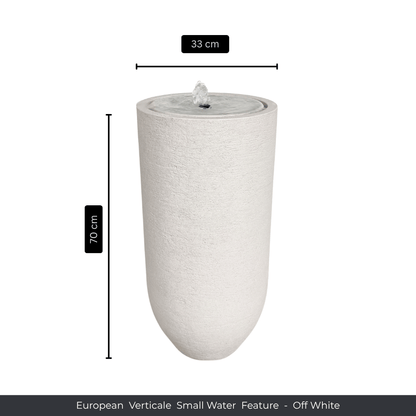 Tall off-white cylindrical water fountain by Florastyle By Hingham, 70 cm high and 33 cm wide, with a small top fountain. "Water Feature - European Verticale Small" text at the base. Perfect for indoor or outdoor use. Made from polyresin, durable and waterproof, yet lightweight. Suitable for indoor and outdoor spaces.
Colour: Off White
Price: R3465