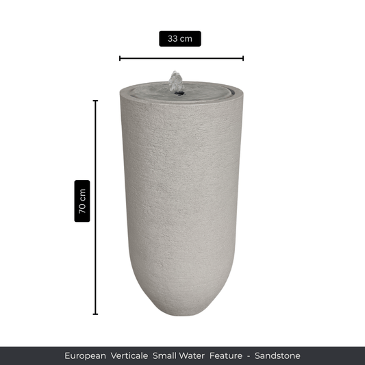 A tall, cylindrical sandstone water fountain by Florastyle By Hingham, 70 cm high and 33 cm in diameter. Text below: Water Feature - European Verticale Small. Made from polyresin, durable and waterproof, yet lightweight. Suitable for indoor and outdoor spaces.
Colour Sandstone
Price: R3465