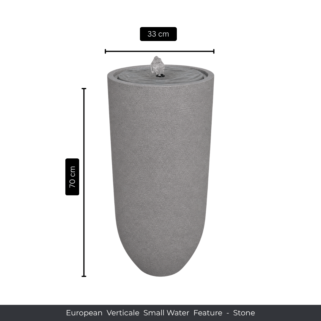 A tall, cylindrical stone water fountain by Florastyle By Hingham, 70 cm high and 33 cm in diameter, features a small upper fountain. Text below: Water Feature - European Verticale Small. Made from polyresin, durable and waterproof, yet lightweight. Suitable for indoor and outdoor spaces.
Colour: Stone
Price: R3465