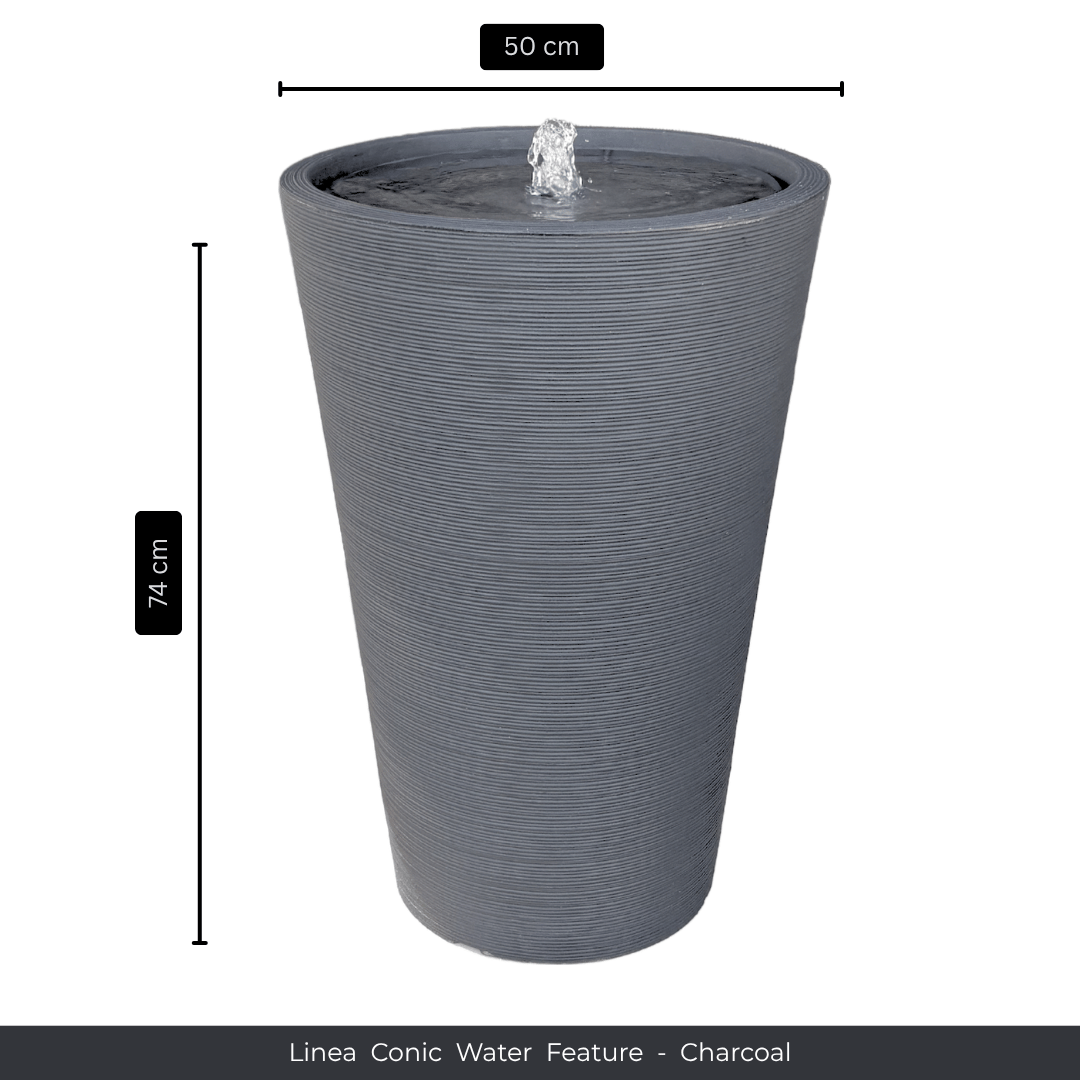 The Florastyle By Hingham Water Feature - Linea Conic is a 74 cm tall, charcoal conic garden planter with horizontal lines, 50 cm diameter, UV-resistant, and features gentle water bubbling at the top. Made from polyresin, durable and waterproof, yet lightweight. Suitable for indoor and outdoor.
Colour: Charcoal
Price: R4885
