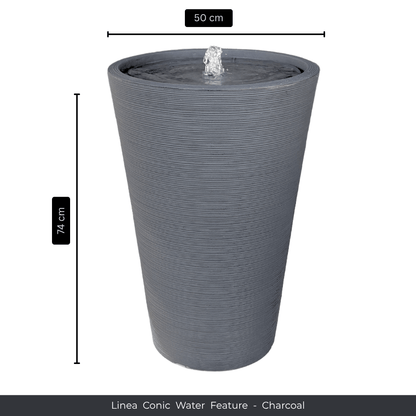 The Florastyle By Hingham Water Feature - Linea Conic is a 74 cm tall, charcoal conic garden planter with horizontal lines, 50 cm diameter, UV-resistant, and features gentle water bubbling at the top. Made from polyresin, durable and waterproof, yet lightweight. Suitable for indoor and outdoor.
Colour: Charcoal
Price: R4885