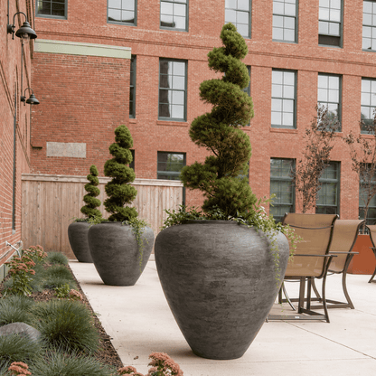 Florastyle By Hingham’s Mykonos Organic Fiberglass Pots - Earth Range, planted with spiral topiary trees, line a patio next to a brick building with windows. The area also features patio chairs, tables, sculptural décor, and greenery along the walkway.