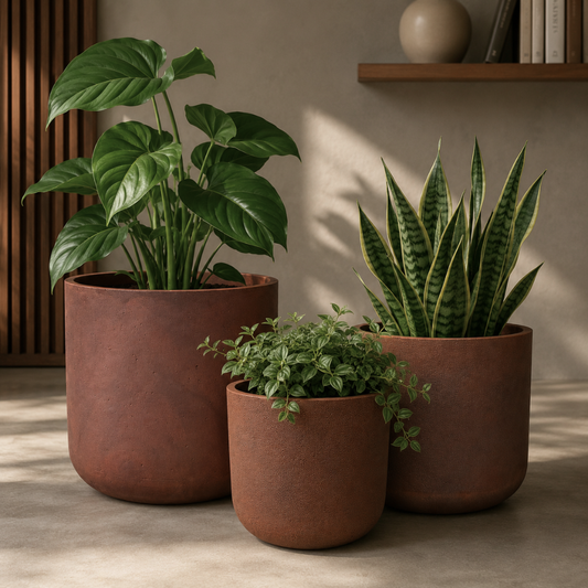 Three houseplants, including a tall leafy plant and a snake plant, sit on a sunlit surface in Florastyle By Hingham Nativa Japi Planters with smart drainage and controlled lighting/irrigation. Minimalist decor and a bookshelf complete the modern vibe.