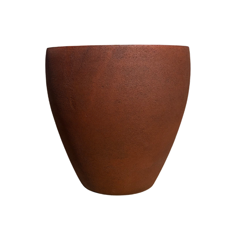 The Florastyle By Hingham Rustic Ellipse Japi Planter is a large, smooth brown terracotta planter with a rounded shape and wide opening, perfect for statement planting, shown against a white background.